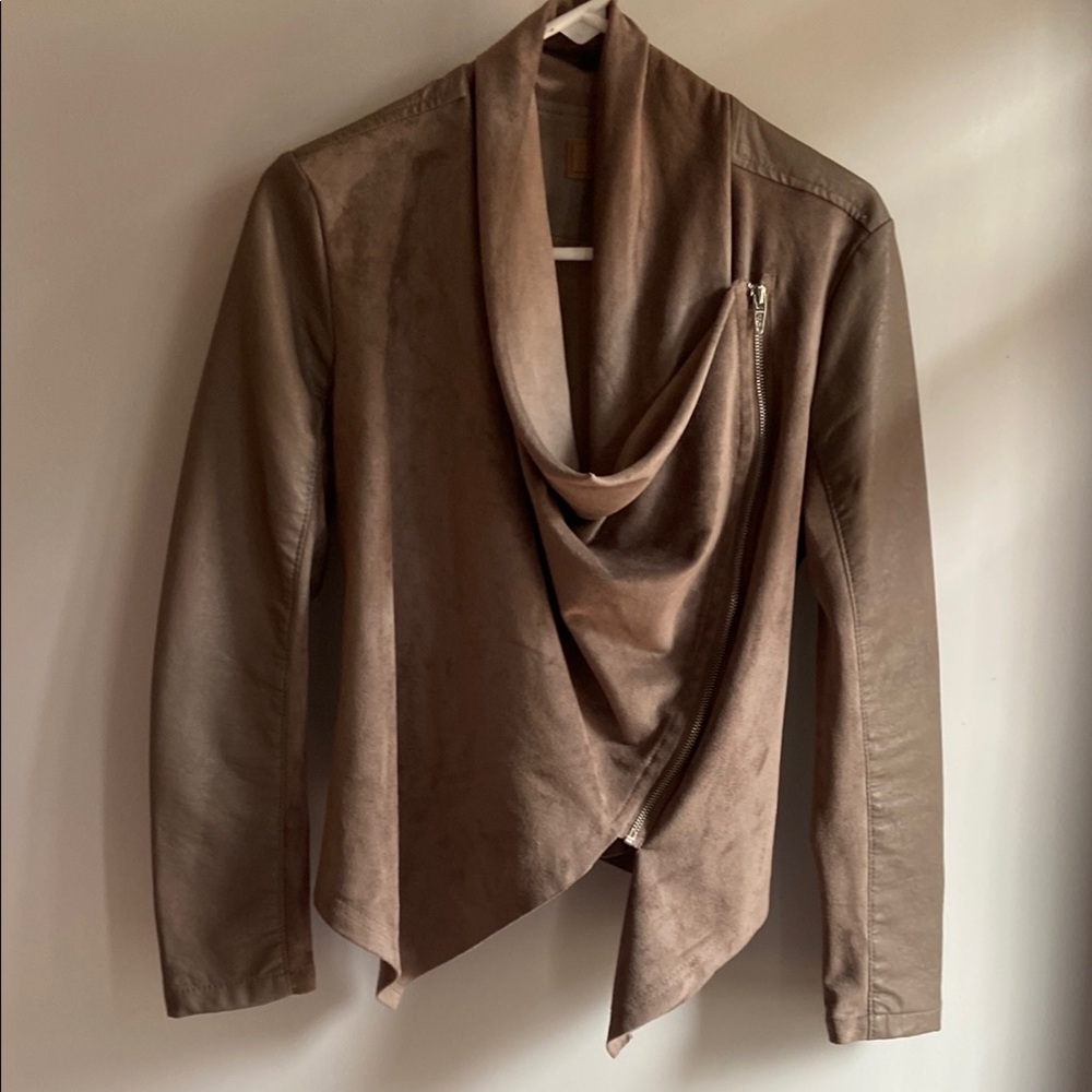 Blank NYC taupe Leather Jacket with Cowl Neck and Relaxed Fit